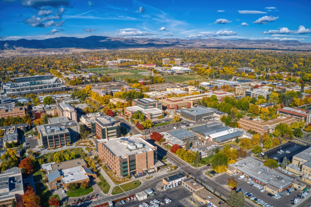 Aerial photo of Fort Collins where we offer commercial security solutions.